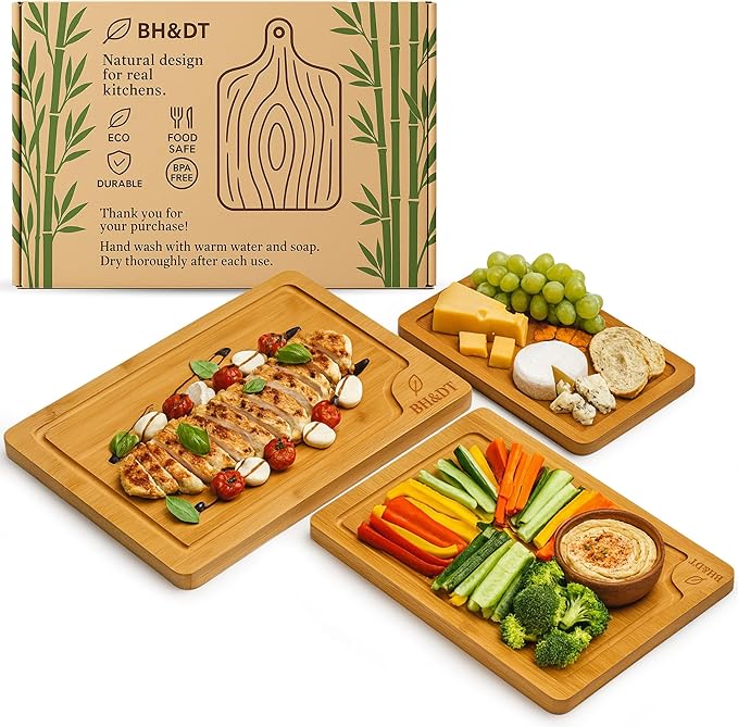 BH&DT bamboo cutting board set of 3,bamboo cutting boards for kitchen with juice groove, meat board cutting board with handle, chopping gift set,professional kitchen board,