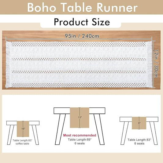 Alynsehom Macrame Table Runner Cream Beige Boho Table Runners with Tassels Hand Woven Cotton Table Runner Rustic Farmhouse Table Runners for Bohemian Kitchen Dining Table(12x95in)
