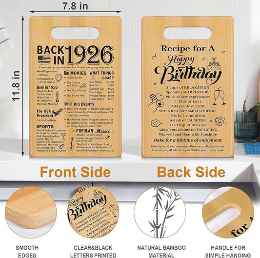 100th Birthday Gifts for Women Men,Back In 1926&Recipe for A Happy Birthday Double sided Cutting Board present for Her Him,100th Bday gift ideas,cool presents for 100 year old woman