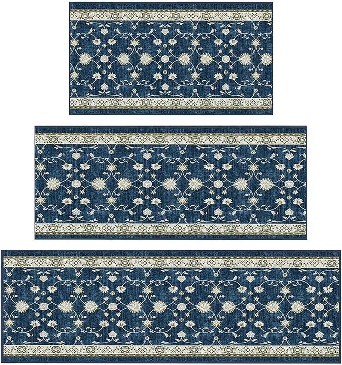 Ottomanson 3-Piece Kitchen Rug Set - Non Slip Runner & Washable Mat - 1'11" x 3' + 1'11" x 4' + 1'11"' x 5' - Durable, Stain Resistant for Entryway, Bedroom and Bathroom, Mahal Navy