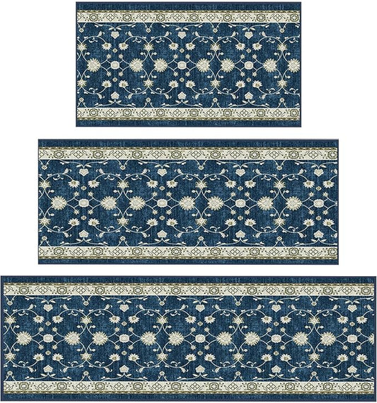 Ottomanson 3-Piece Kitchen Rug Set - Non Slip Runner & Washable Mat - 1'11" x 3' + 1'11" x 4' + 1'11"' x 5' - Durable, Stain Resistant for Entryway, Bedroom and Bathroom, Mahal Navy
