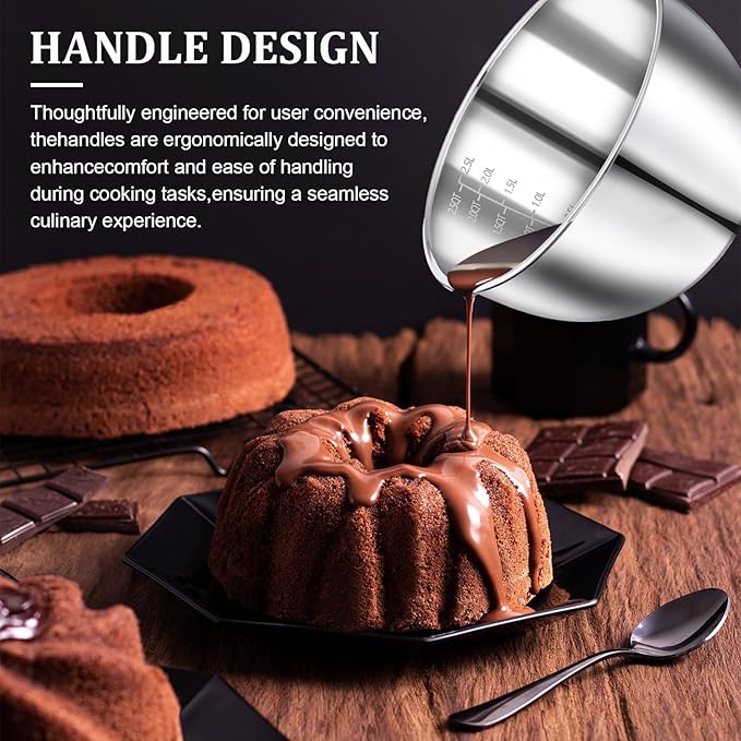wutfuooo 304 Stainless Steel Double Boiler Set - 2.6QT Melting Bowl with Scale and Handle - 4.2QT Dual-Handle Pot - Stackable Water Bath Melting Pot Set for Butter, Chocolate, Wax, Sugar, Candle