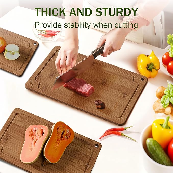 Bamboo Cutting Boards for Kitchen, Wood Cutting Board Set with Juice Grooves & Built-in Handles, Large Medium Small Chopping Board for Meat, Vegetables, Fruit