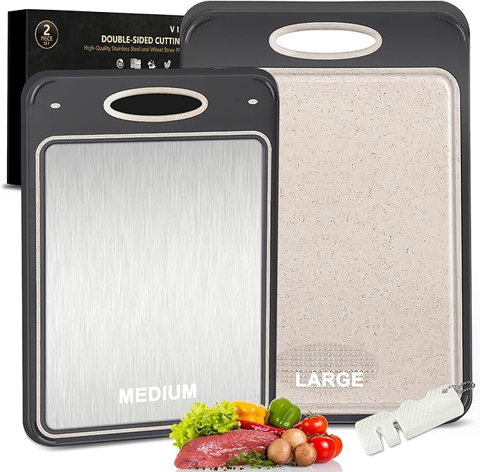 2Pack Stainless Steel Cutting Board,Double Sided Steel for kitchen Stainless Steel/Wheat Straw PP Cutting Board for meat, Large and Medium, Extra Pocekt Knife Sharpener