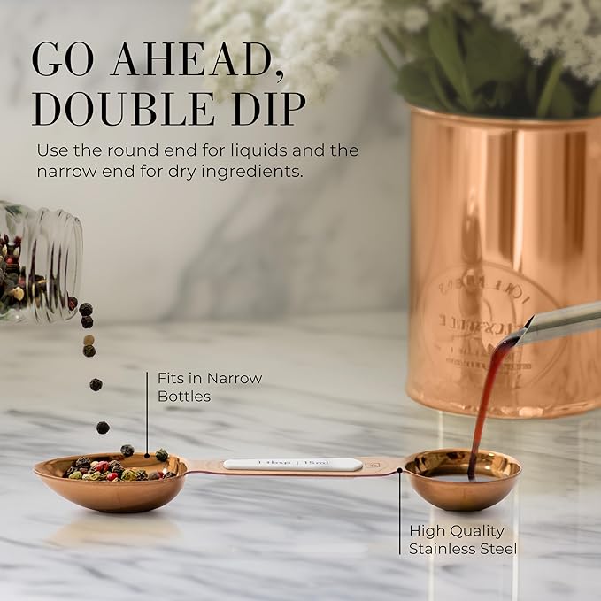 Copper Measuring Spoons Set with Leveler – 8-Piece Double-Sided Nesting Magnetic Measuring Spoons, Stackable & Spice Jar Friendly – Stylish Copper Kitchen Accessories and Decor for Baking and Cooking