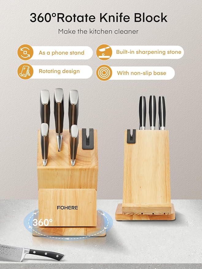 Knife Set, FOHERE Knife Block Set With Phone Holder, 360° Rotatable Kitchen Knife Sets 7PS, Knife Set with Sharpener, German Stainless Steel, Wood