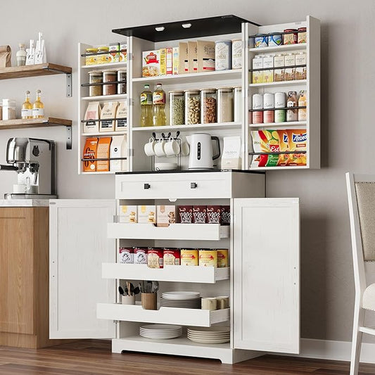 ELYKEN 72" Pantry Cabinet with Door Shelving & Sliding Shelves, Farmhouse Tall Kitchen Storage Cabinet with Door & Drawer for Dining Room, Living Room