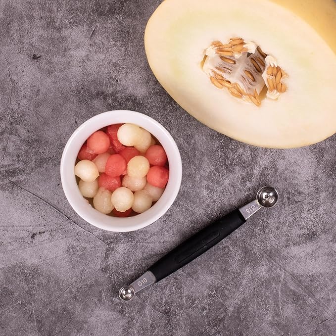 Cat Cora Melon Baller, Professional 18/8 Stainless Steel Dual Blades 10/15-Millimeter for Melon Balls and Garnishes, Ergonomic Soft-Grip Handle