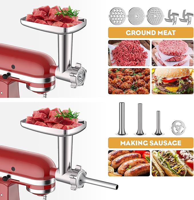 Meat Grinder & Stainless Steel Slicer Shredder Attachment for KitchenAid Stand Mixer, Meat Grinder Attachment with Sausage Stuffing Set and Cheese Grater, For KitchenAid Mixer Attachments