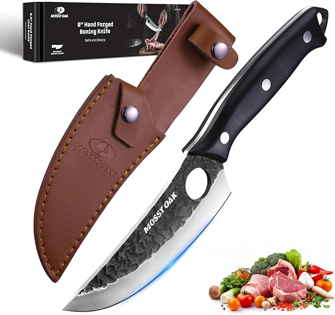 Mossy Oak Chef Knife, Kitchen Knife for Boning, Cutting, and Chopping, Hand Forged Viking Knife Full Tang Handle with Genuine Leather Sheath, Meat Cleaver Knife for Outdoor Cooking, Camping and BBQ
