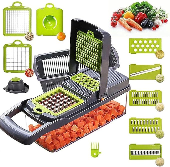 All-In-One, 12 Blade Mandoline Slicer, Vegetable Spiralizer, Cutter, Dicer, Food Chopper, Grater, Kitchen Gadgets Sets with ContainerPro Onion Chopper Veggie Chopper With Container(Grey green) slicer
