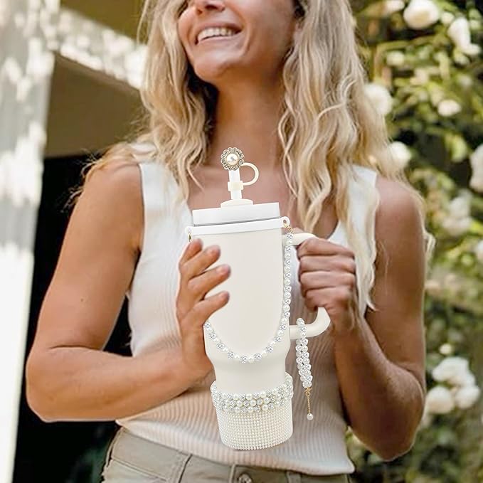 Cup Accessories for Stanley 30/40oz Tumbler containing Pearl Straw Cover Topper, Silicone Cup Boot, Water Bottle Handle Strap& Pearl Bracelets Charms(Pearls with Silver Beads)
