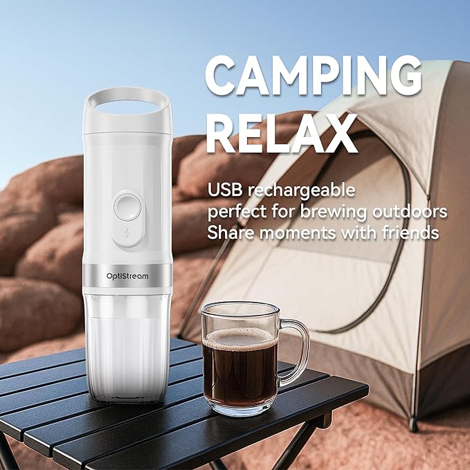 Optistream Portable Electric Espresso Machine, Travel Coffee Maker for Camping, Car Coffee Maker Self-Heating with USB-C, With Ground Coffee & NS Capsule for RV, Hiking, Office (White)