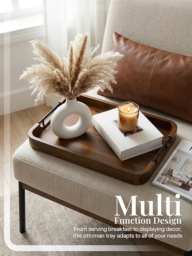 Acacia Wood Ottoman Tray with Handles - Round - Serving Trays for Living Room -Wooden Trays for Decorative for Kitchen Counter, Coffee Table (Walnut Color, 20" x 14" x 2")