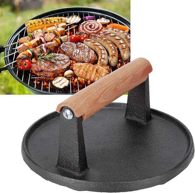 Cast Iron Grill Press, 7.1x7.1x3.1 Inch Round Bacon Press with Wooden Handle for Grill Tools BBQ Tools