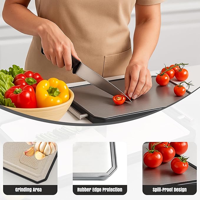 TYSAN Titanium Cutting Board for Kitchen – 2 in 1 Metal Cutting Board for Chopping Meat/Vegetables – Double Sided Pure Titanium & Wheat Straw PP Chopping Board – Food Grade – Large Size 16”×11”
