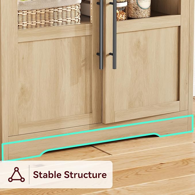 Garvee Farmhouse Bakers Rack with Glass Door, Microwave Stand with Power Outlets, Kitchen Hutch Pantry Cabinet, Kitchen Coffee Bar Cabinet for Spices, Dishes, and Pots, Wood