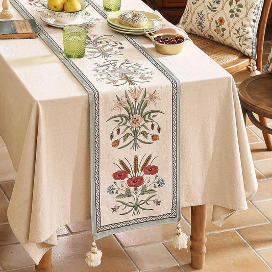 ISAENNE Designer French Country Linen Table Runner 102 Inches Long,Elegant Colorful Floral Pattern Table Runners for Dining Tables,Thanksgiving,Christmas,Kitchen Decor,12"*102"-Serenity F