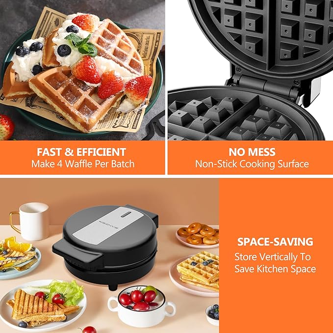 Waffle Maker, 8'' Round Classic Waffle Maker Machine, 1000W Fast Heating, Non-Stick Waffle Irons, Easy to Clean, Indicator Lights, Perfect for Breakfast