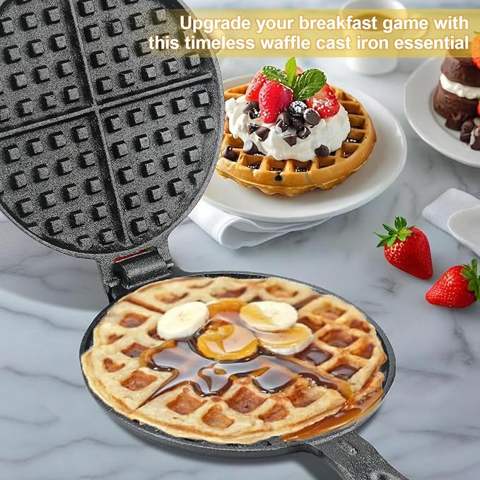 Cast Iron Waffle Maker for Stovetop or Grill, 7 inch Round Waffle Iron, Two Piece Hinged Non-Electric - Quick Heating, Easy Clean