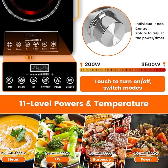 7000W Double Ceramic Electric Hot Plate Countertop Stove Double Burner Infrared Cooktop with 11 Power Levels 0-4H Timer Portable Handle LED Display for Kitchen Camping (Black)