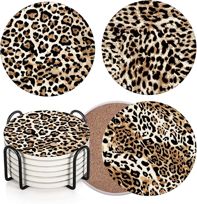 Coaster for Drinks Set of 6, Leopard Animal African Tiger Cheetah Absorbent Round Ceramic Stone Mat, with Cork Base and Metal Holder, Gift for Housewarming Room Bar Decor