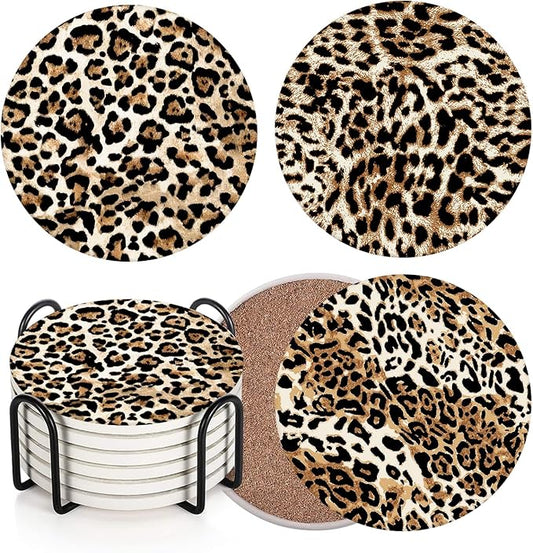 Coaster for Drinks Set of 6, Leopard Animal African Tiger Cheetah Absorbent Round Ceramic Stone Mat, with Cork Base and Metal Holder, Gift for Housewarming Room Bar Decor