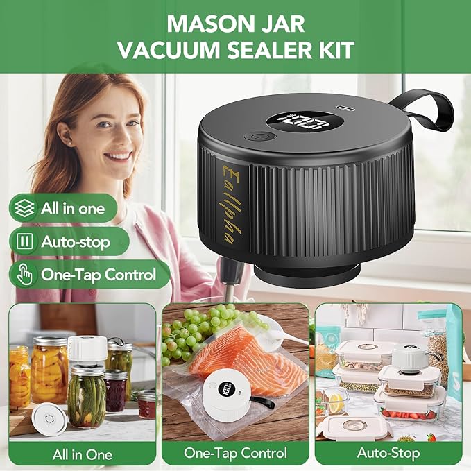 Electric Mason Jar Vacuum Sealer,2026 Upgraded 3-in-1 Handheld Vacuum Sealer for Mason Jars Food Storage Bags & Containers Control,Jars Sealer for Meal Prep Dry Goods & Canning Pickling