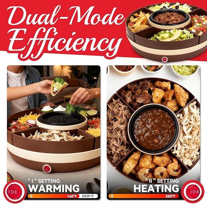 Lazy Susan Taco Bar & Condiment Containers with Lids, 4 Taco Holders for Taco Tuesday Kit, Fondue Pot for Taco Bell Sauce, Burritos, Nachos, and Fajitas, Brown