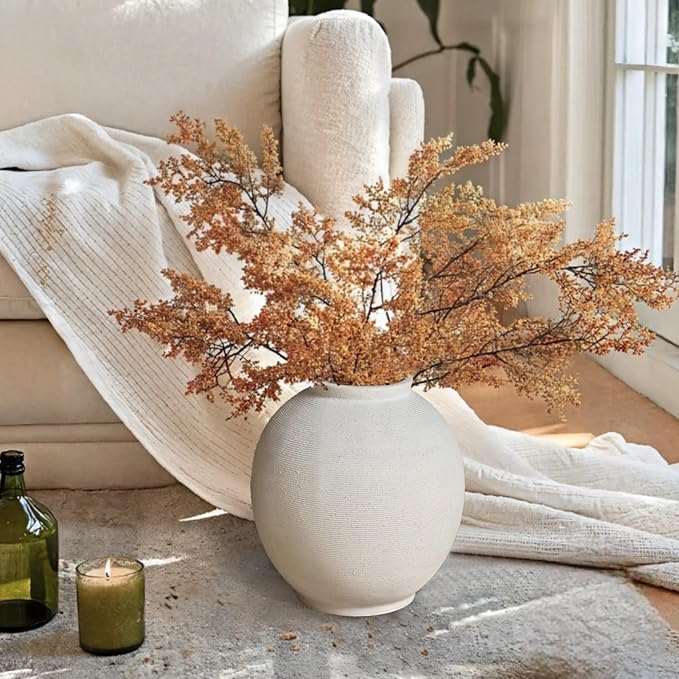 Large White Ceramic Flower Vase Home Decor, Round Rustic Table Vases Farmhouse Living Room Entrway Kitchen Bedroom Decorations，Minimalist Hand-Made Textured Vase (10.8” Sandstone White)