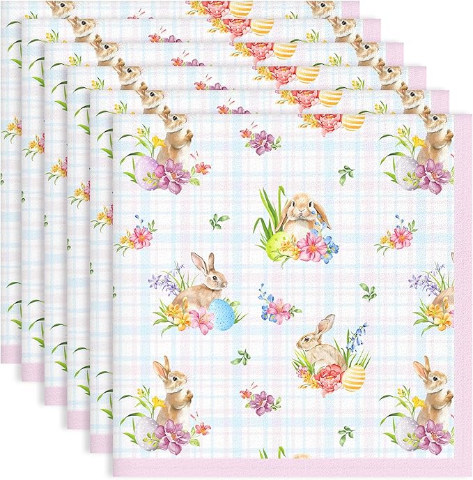 Easter Bunny Napkins, 18×18 Inch Egg Floral Dinner Cloth Napkins Set of 6, Washable Cotton Soft Absorbent Square Napkins for Dining Kitchen Party Wedding Decoration