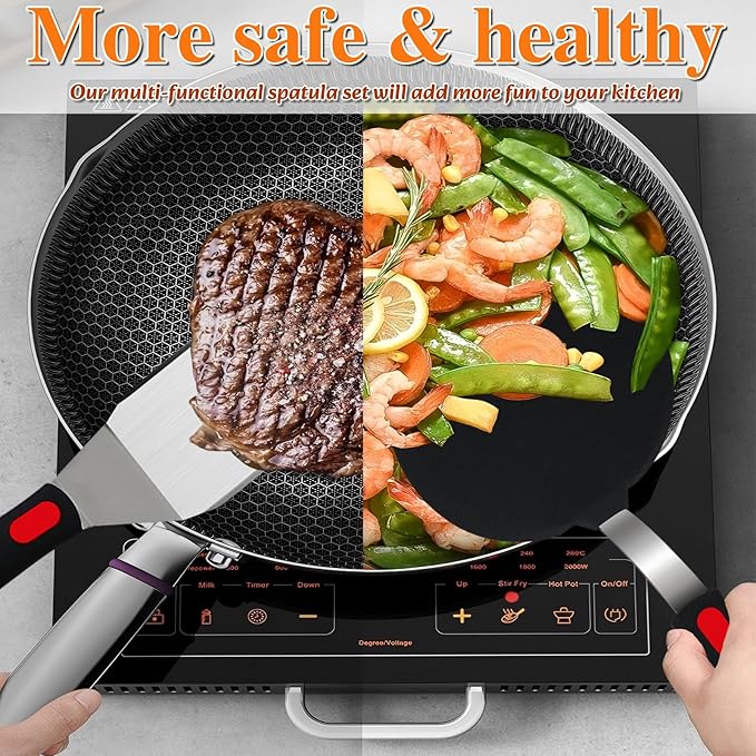 Professional 6-Piece Spatula Set - Hybrid Stainless Steel & Silicone Turner Set, 600°F Heat Resistant, Metal Spatulas for Griddle/Cast Iron & Nonstick Safe Silicone Tools for Egg, Pancake, Burger