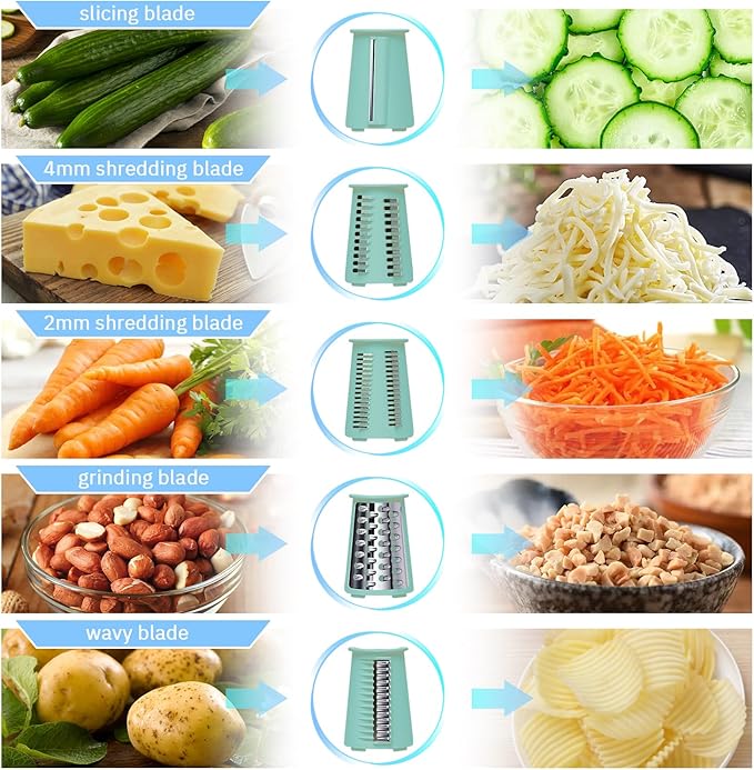 Manual Rotary Cheese Grater with Handle, 5 in 1 Replaceable Stainless Blades Cheese Shredder,Strong Suction Base Vegetable Slicer with Cleaning Brush & Bonus Storage Box for Blades (green)