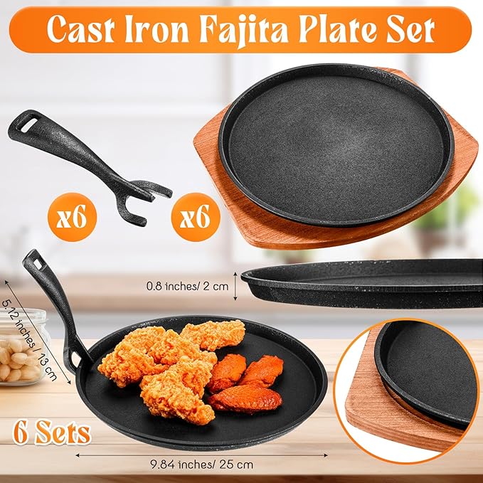 Mimorou 6 Sets Cast Iron Fajita Plate Set 9.84'' Steak Plate Sizzling Pan with Wooden Base and Gripper for Home Restaurant Kitchen Catering Cooking for Grilling Meats Seafood