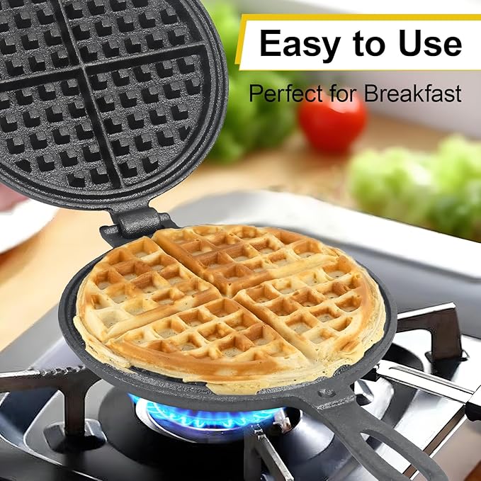 Cast Iron Waffle Maker - 8 inch Round Stovetop Waffle Iron, Two Piece Hinged Non-Electric, Quick Heating, Easy Clean