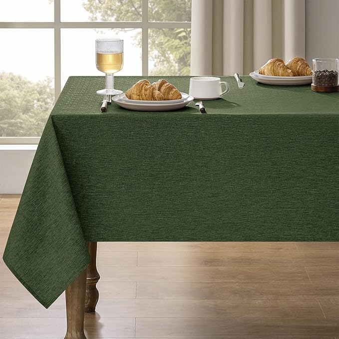 Waterproof Faux Linen Rectangle Tablecloth, Spillproof Wrinkle Free Outdoor Reusable Table Cloth for Patio,Holiday,Banquet,Party,Buffet Dinner (Oblong,60 x 120 Inch (10-12 Seats),Dark Green)