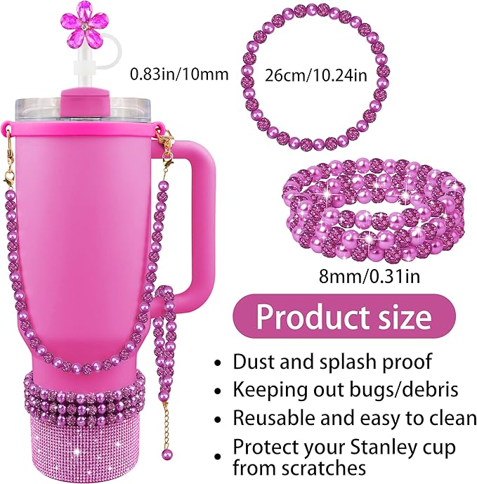9PCS Fuchsia of Stanley Cup Accessories Set 30/40 OZ Bling Pearl Rhinestones Charms for Stanley Decorations Tumbler Accessories Including Flower Straw Topper, Rhinestones Boot 30/40 OZ