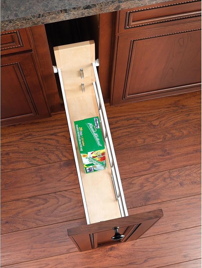 Rev-A-Shelf 8" Pullout Wooden Bakeware Organizer Shelf for Kitchen Cabinets, Pots and Pans Wire Storage Rack w/ Soft-Close Slides, 447-BCSC-8C