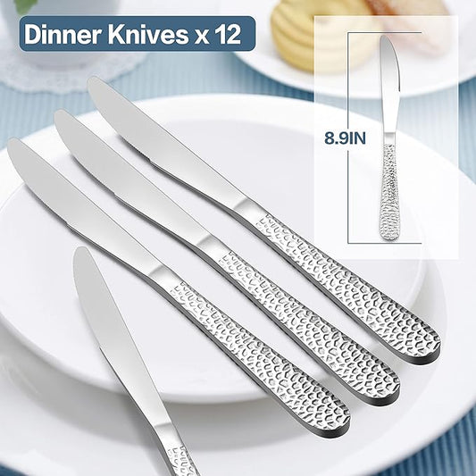 E-far Dinner Knives Set of 12, Stainless Steel Hammered Serrated Table Knife for Home Kitchen Restaurant, Mirror Polished & Dishwasher safe-8.9 Inches