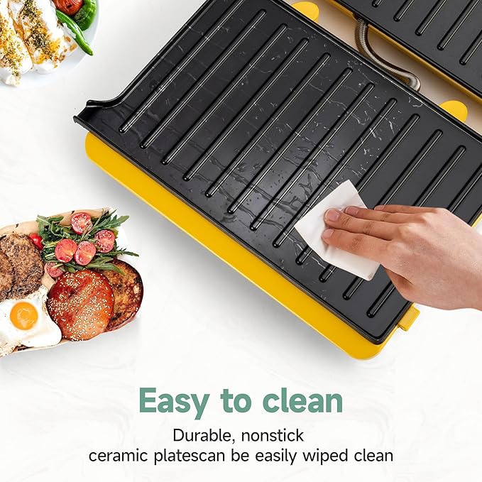SUSTEAS Panini Press Sandwich Maker and Electric Indoor Grill, Easy Clean Nonstick Grids, Opens 180°/105° to Fit Any Type or Size of Food, 304 Stainless Steel, Homemade BBQ, Yellow