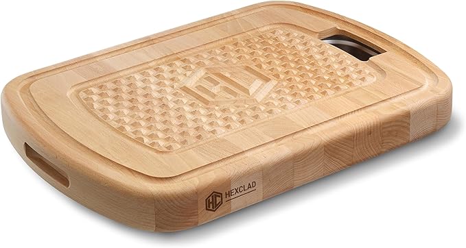 HexClad Hybrid Beechwood Carving and Cutting Board with Stainless Steel Drip Tray, Carrying Handle, and Juice Trenches, Double-Sided