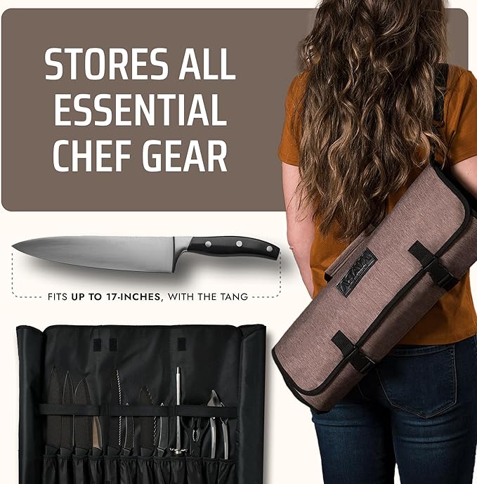 Asaya Chef Knife Roll Bag - 20 Total Pockets for Knives and Kitchen Utensils - Made with Stain Resistant Waxed Nylon - For Chefs and Culinary Students - Knives Not Included(Brown)