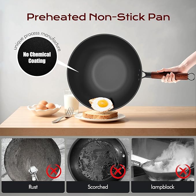 ziluetar Carbon Steel Wok 13-Inch Wok Pan with Glass Cover Silicone Spatula, Non-Stick Surface Woks & Stir-Fry Pans Pre-Seasoned Chinese Wok Pan for Induction, Electric, Gas Stoves Cooking