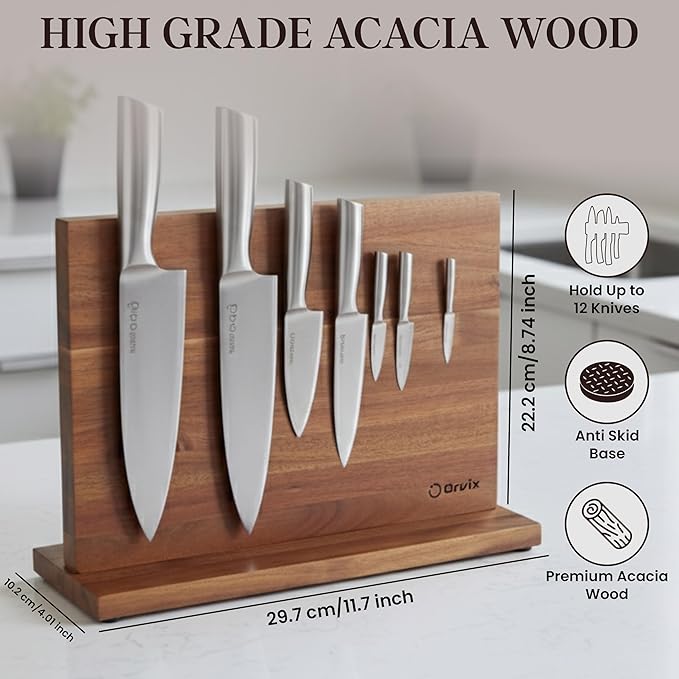 Magnetic Knife Block Double Sided, Magnetic Knife Holder for Kitchen Counter, Acacia Wood Knife Block Without Knives with Anti-Skid Base