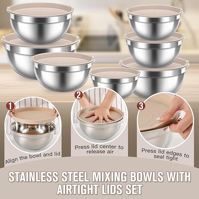 21PCS Mixing Bowls with Lids Set, 7 Mixing Bowls & 14 Measuring Spoons, Stainless Steel Nesting Bowls for Baking & Cooking Prepping Space Saving Storage, Kitchen Essentials, 0.6-5.5QT