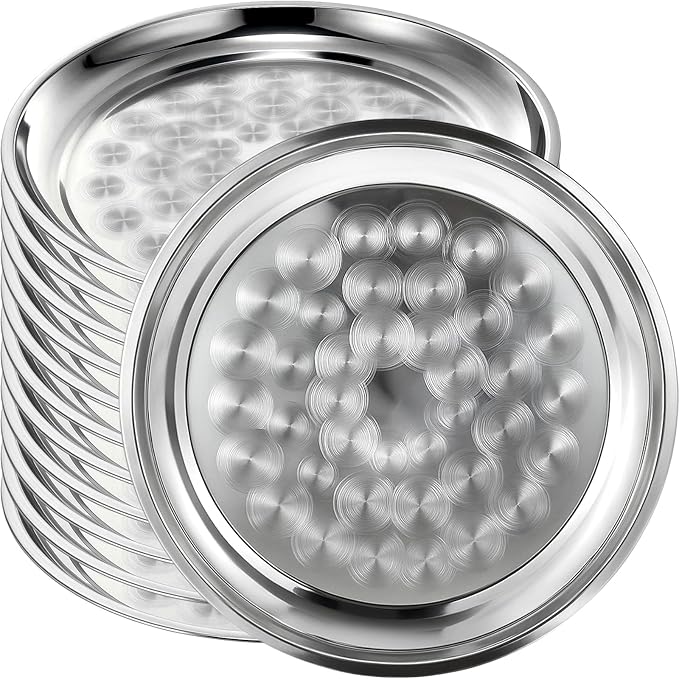12 Pack Stainless Steel Round Serving Tray with Swirl Pattern Bulk Large Round Tray Silver Metal Display Serving Platter for Coffee Party Club Home (16 Inch)