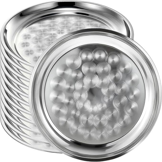 12 Pack Stainless Steel Round Serving Tray with Swirl Pattern Bulk Large Round Tray Silver Metal Display Serving Platter for Coffee Party Club Home (16 Inch)