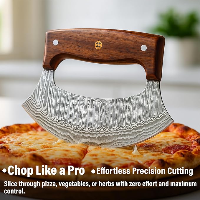 Handmade Ulu Knife – Full Tang Damascus steel Alaskan ulu with Sheath & Gift Box, Mezzaluna Rocker Knife & Pizza Cutter for Kitchen, Camping & BBQ, Birthday Gifts for Men