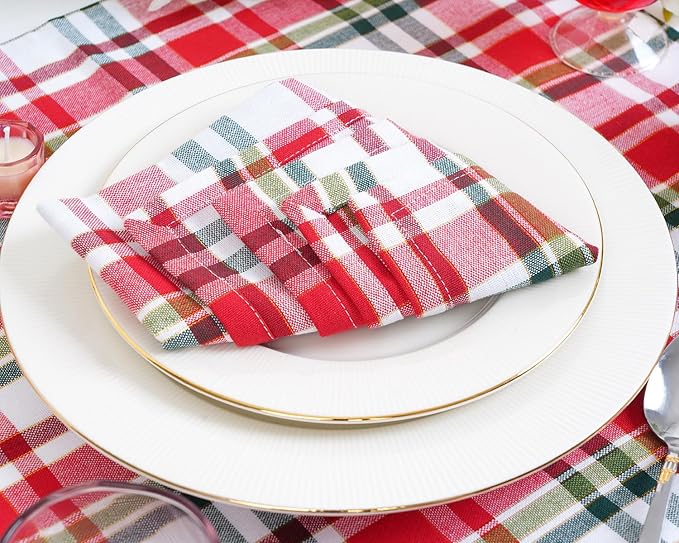 Blue Needles Gingham Buffalo Plaid Cloth Napkins 100% Cotton Set of 12 Dinner Table Napkins 18x18 inch Soft, Reusable, Washable Perfect for Valentine's Day Parties & Everyday Use - Gold, Red & Green