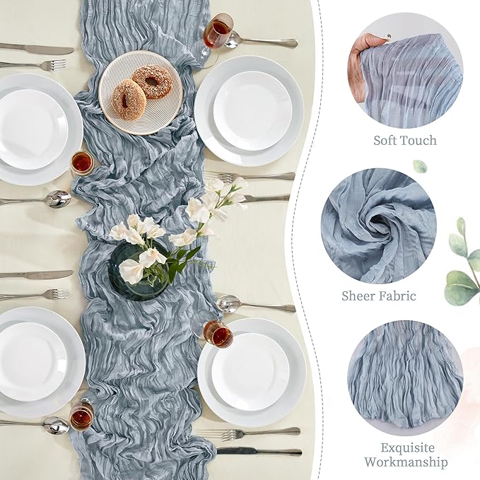 24 Pack Dusty Blue Cheesecloth Table Runner 10FT Long Boho Gauze Table Runner Rustic Sheer Runner for Wedding Bridal Baby Shower Birthday Party Table Decor Home Easter Thanksgiving Decorations